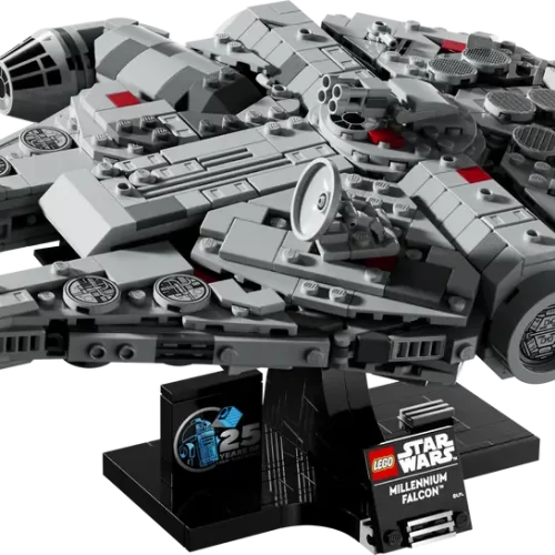 Lego Star Wars Millennium Falcon set on stand