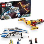 Lego Star Wars New Republic E-Wing vs. Shin Hati's Starfight on display next to box.