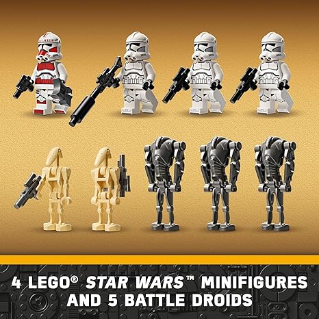 4 Lego Star Wars minifigures and 5 battle droids.
