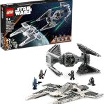 Lego Star Wars Mandalorian Fang Fighter vs. Tie Interceptor on display next to box.