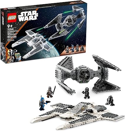 Lego Star Wars Mandalorian Fang Fighter vs. Tie Interceptor on display next to box.