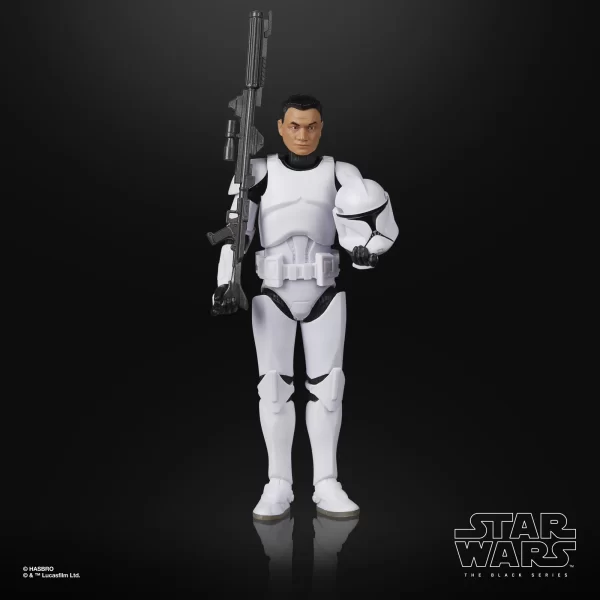 Hasbro Star Wars The Black Series Phase I Clone Trooper holding helmet and blaster rifle