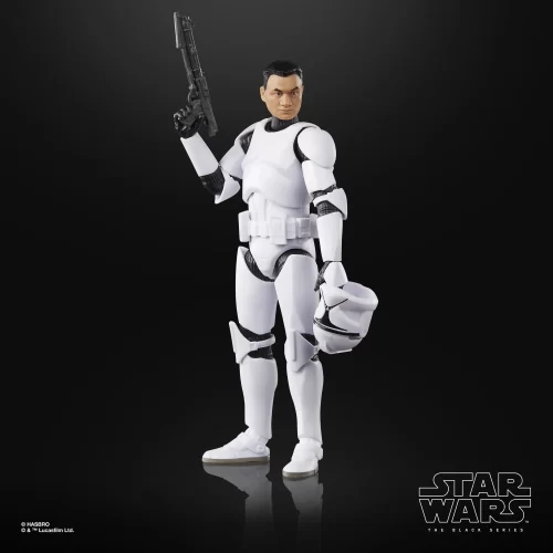 Hasbro Star Wars The Black Series Phase I Clone Trooper with blaster pistol in one hand and helmet in the other