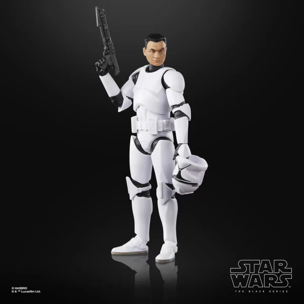 Hasbro Star Wars The Black Series Phase I Clone Trooper with blaster pistol in one hand and helmet in the other