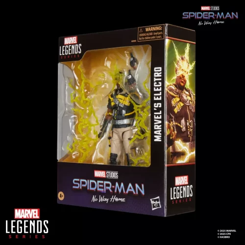Hasbro Marvel Legends Electro Spider-Man No Way Home in box, 3/4 view.