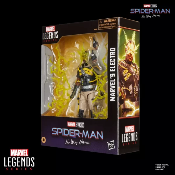 Hasbro Marvel Legends Electro Spider-Man No Way Home in box, 3/4 view.