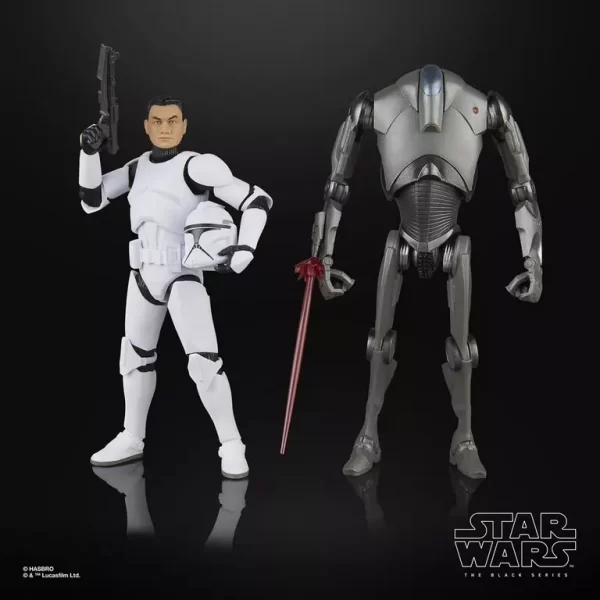 Hasbro Star Wars The Black Series Phase I Clone Trooper & Super Battle Droid 2 pack, side by side. Clone trooper with blaster pistol.