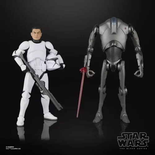 Hasbro Star Wars The Black Series Phase I Clone Trooper & Super Battle Droid side by side. Clone trooper with blaster rifle.