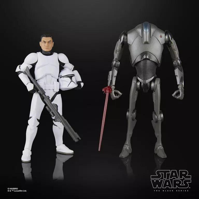 Hasbro Star Wars The Black Series Phase I Clone Trooper & Super Battle Droid side by side. Clone trooper with blaster rifle.