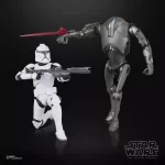 Hasbro Star Wars The Black Series Phase I Clone Trooper & Super Battle Droid 2 pack face off against each other.