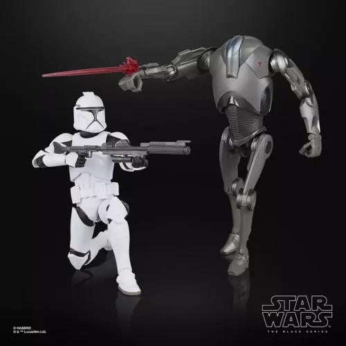 Hasbro Star Wars The Black Series Phase I Clone Trooper & Super Battle Droid 2 pack face off against each other.