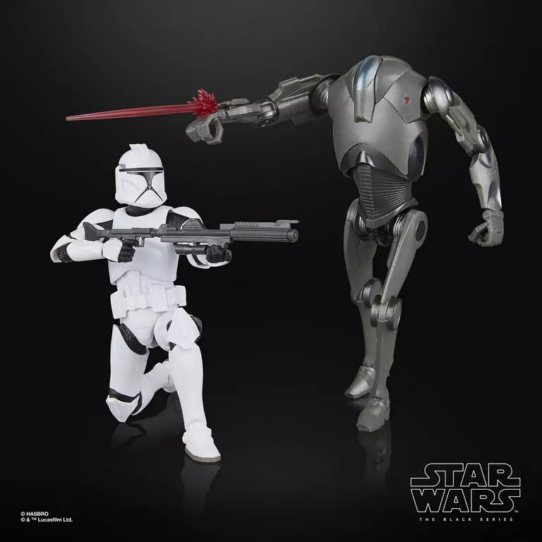 Hasbro Star Wars The Black Series Phase I Clone Trooper & Super Battle Droid 2 pack face off against each other.