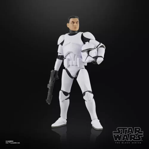 Hasbro Star Wars The Black Series Phase I Clone Trooper with blaster pistol in one hand and helmet in the other