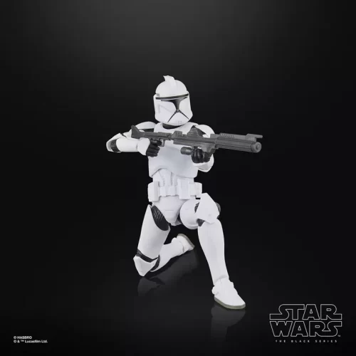 Hasbro Star Wars The Black Series Phase I Clone Trooper & Super Battle Droid side by side. Clone trooper with blaster rifle.