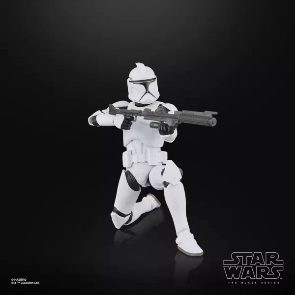 Hasbro Star Wars The Black Series Phase I Clone Trooper & Super Battle Droid side by side. Clone trooper with blaster rifle.