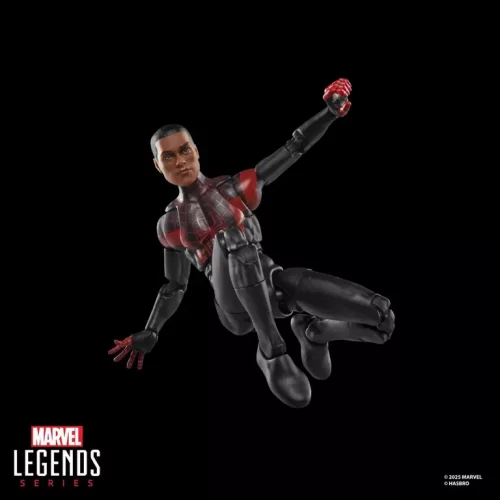 Hasbro Marvel Legends Series Miles Morales Ultimate Spider-Man swinging with alternate unmasked head sculpt.