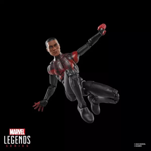 Hasbro Marvel Legends Series Miles Morales Ultimate Spider-Man swinging with alternate unmasked head sculpt.