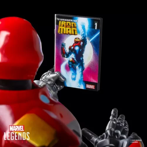 Hasbro Marvel Legends Series Ultimate Iron Man reading Marvel's Ultimate Iron Man #1 comic.